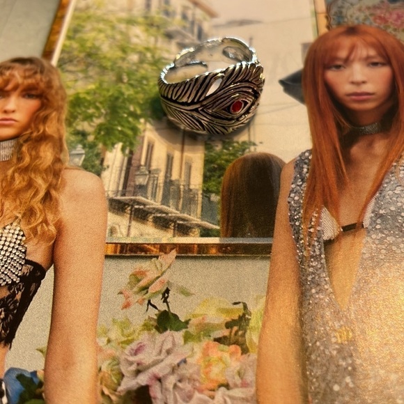 Silver Feather Red Crystal Evil Eye Ring - Picture 14 of 15